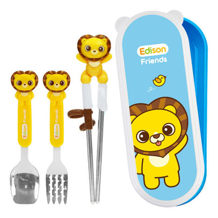 Kid Chopsticks, Spoon and Fork with Case Set Edison Friends Lion Set Yellow Blue Right Handed