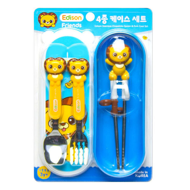 Kid Chopsticks, Spoon and Fork with Case Set Edison Friends Lion Set Yellow Blue Right Handed