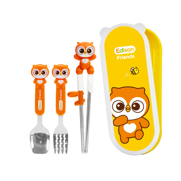 Edison Owl Friends Stainless Steel Chopsticks, Spoon, and Fork Set with Case, Right-Hand - Owlie