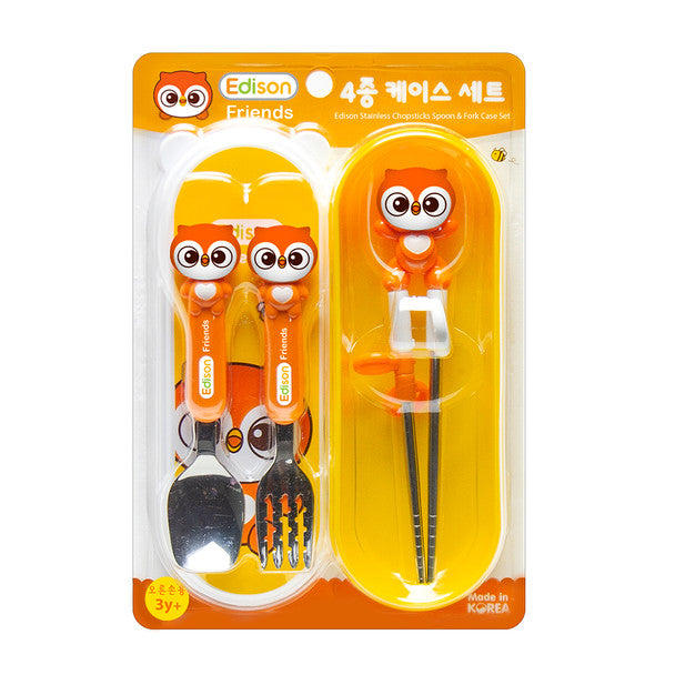 Edison Owl Friends Stainless Steel Chopsticks, Spoon, and Fork Set with Case, Right-Hand - Owlie