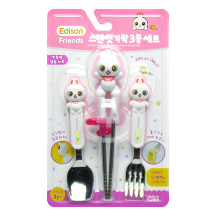 Kid Chopsticks Spoon & Fork Set Edison Friends Rabbit Set White Right Handed Stainless Steel