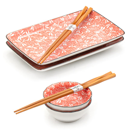 Japanese Dragonfly Sushi Plate Set for 2 - Red