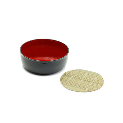 Lacquer Soba Bowl and Cup Set, 4 Cups and 1 Tray (Black/Red)