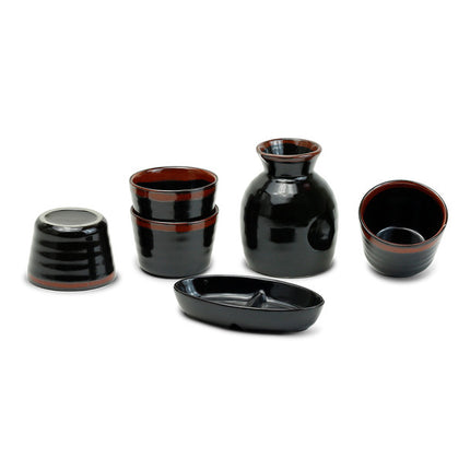 Ceramic Soba Set Serving for 4 - 4 Sauce Cups, Bottle & Side Plate, Black