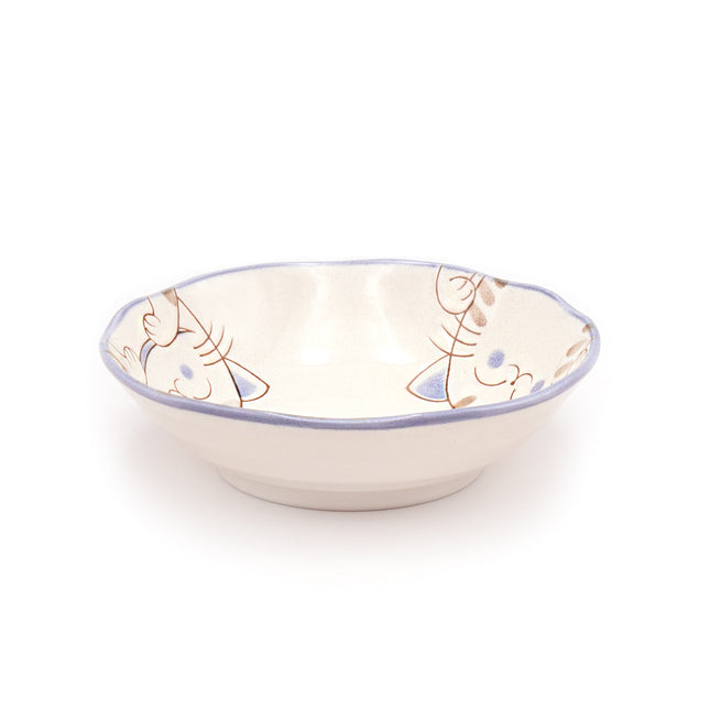 Ceramic Bowl with Smiling Cats and Wavy Sky Blue Rim