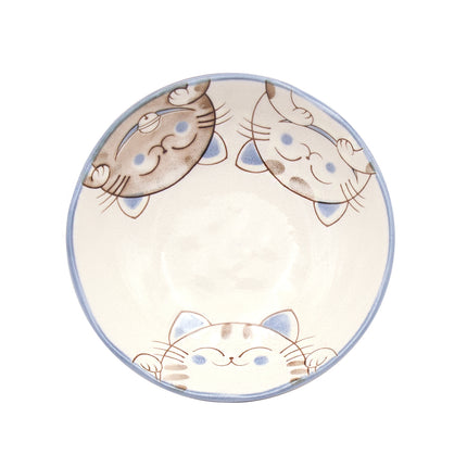 Ceramic Bowl with Smiling Cats and Wavy Sky Blue Rim