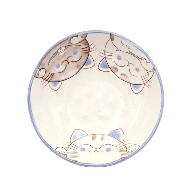 Ceramic Bowl with Smiling Cats and Wavy Sky Blue Rim
