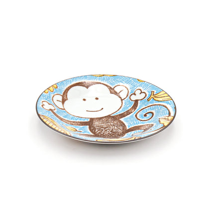 Japanese Round Ceramic Plate Blue Monkey 6.5"D