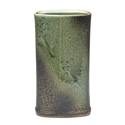 Japanese Ceramic Flower Vase Etched Floral Design - Green