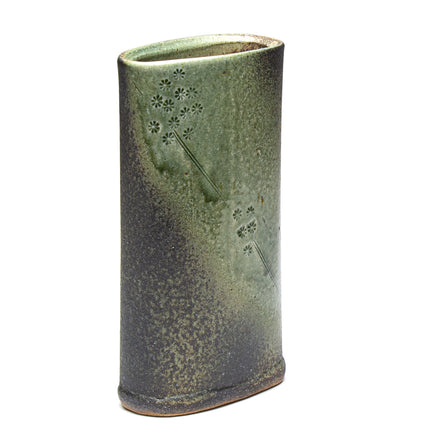 Japanese Ceramic Flower Vase Etched Floral Design - Green