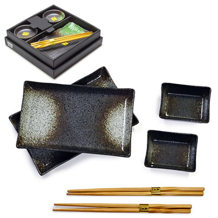 Black Gradient Glaze Sushi Plate Set with Sauce Dish, Chopsticks