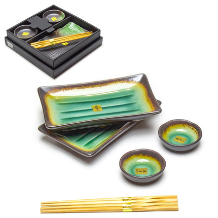 Ceramic Sushi Plate Set for 2 - Green/Brown