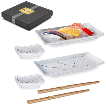 White Sakura Sushi Plate Set with Sauce Dish, Chopsticks