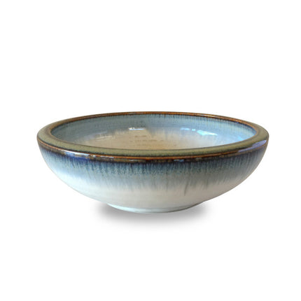 Reactive Glaze Shallow White/Blue Serving Bowl with Gold Rim 7.75"