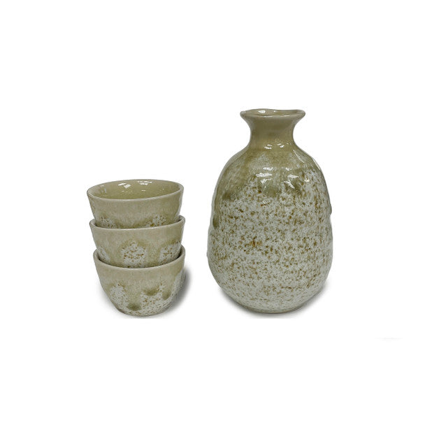 Earthen Crackle Sake Set, 3 Cups and 1 Bottle