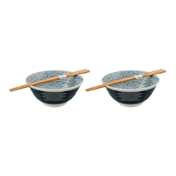 Navy Flower Noodle Bowl with Chopsticks - Set of 2