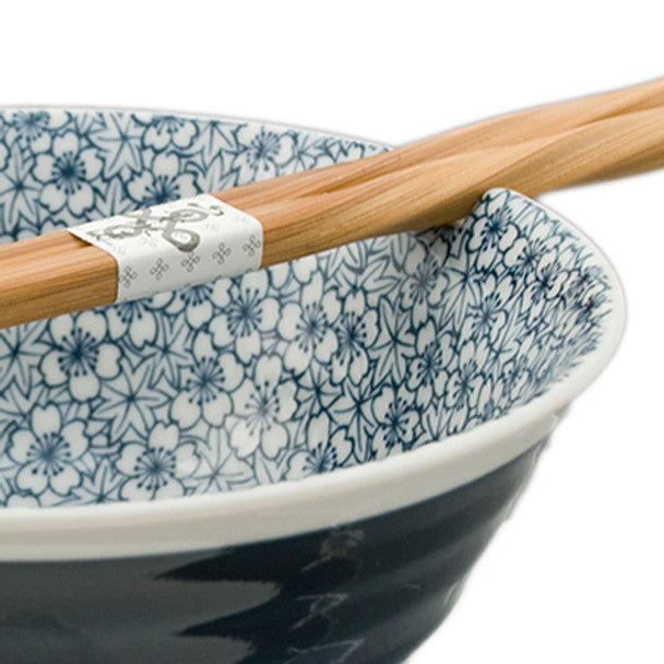 Navy Flower Noodle Bowl with Chopsticks - Set of 2