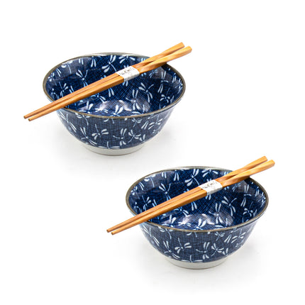 Japanese Dragonfly Noodle Bowl Set for 2 - Blue