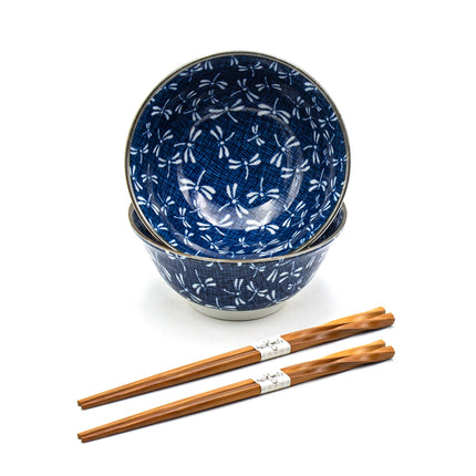 Japanese Dragonfly Noodle Bowl Set for 2 - Blue