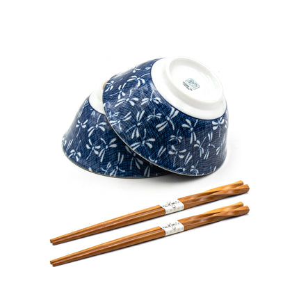 Japanese Dragonfly Noodle Bowl Set for 2 - Blue