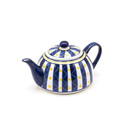 Porcelain Tea Pot Blue Stripes Yellow Polka Dot Pattern