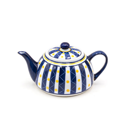 Porcelain Tea Pot Blue Stripes Yellow Polka Dot Pattern