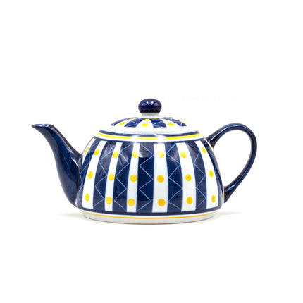 Porcelain Tea Pot Blue Stripes Yellow Polka Dot Pattern