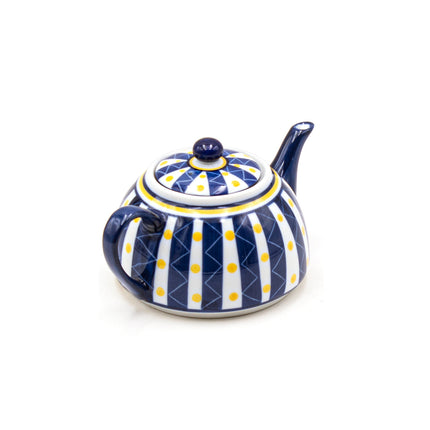 Porcelain Tea Pot Blue Stripes Yellow Polka Dot Pattern