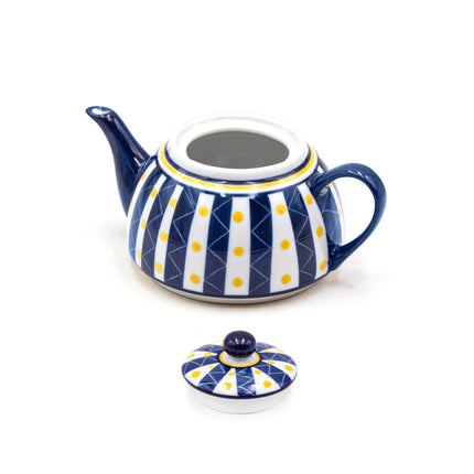 Porcelain Tea Pot Blue Stripes Yellow Polka Dot Pattern