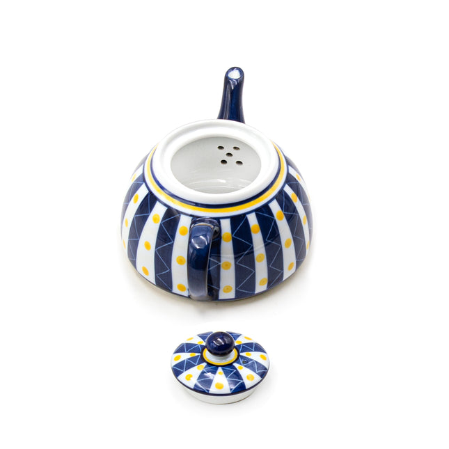 Porcelain Tea Pot Blue Stripes Yellow Polka Dot Pattern