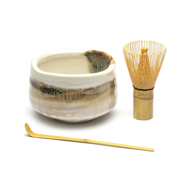 Matcha Tea Set - Matcha Bowl, Whisk and Spoon - White/Brown