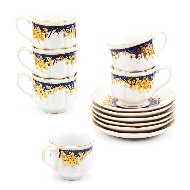 Japanese Royal Blue & Gold Floral Tea Cup and Saucer 12PC Set