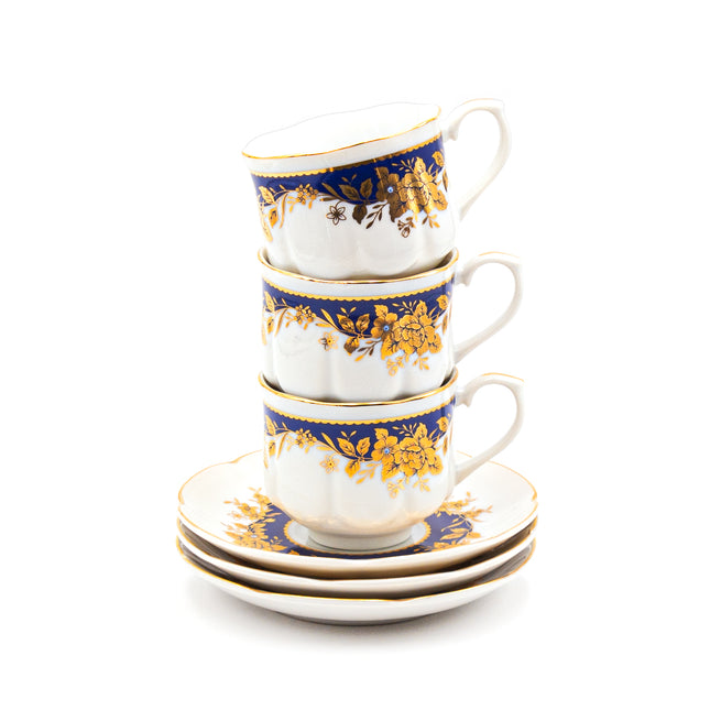 Japanese Royal Blue & Gold Floral Tea Cup and Saucer 12PC Set