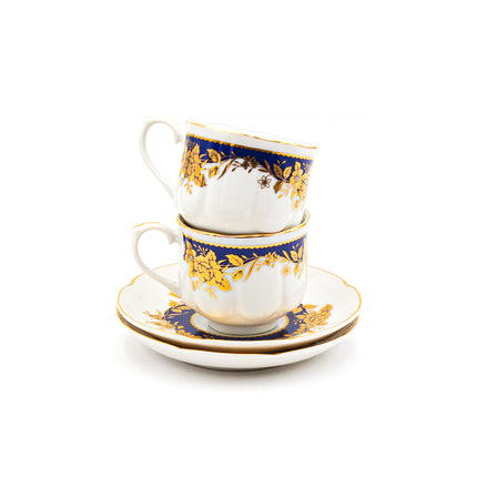 Japanese Royal Blue & Gold Floral Tea Cup and Saucer 12PC Set