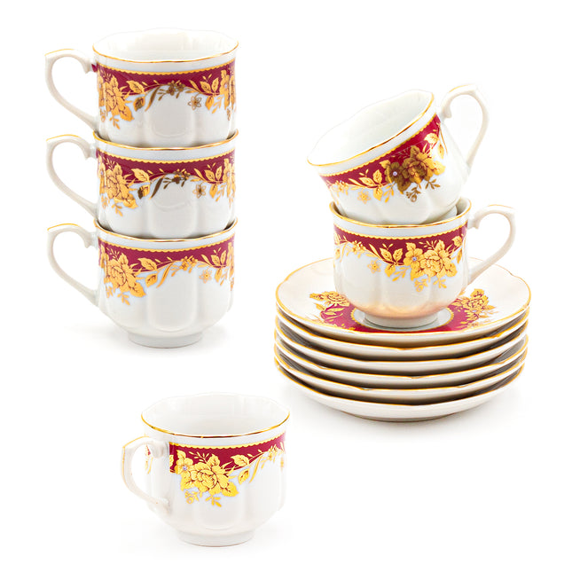 Japanese Royal Red & Gold Floral Tea Cup and Saucer 12PC Set