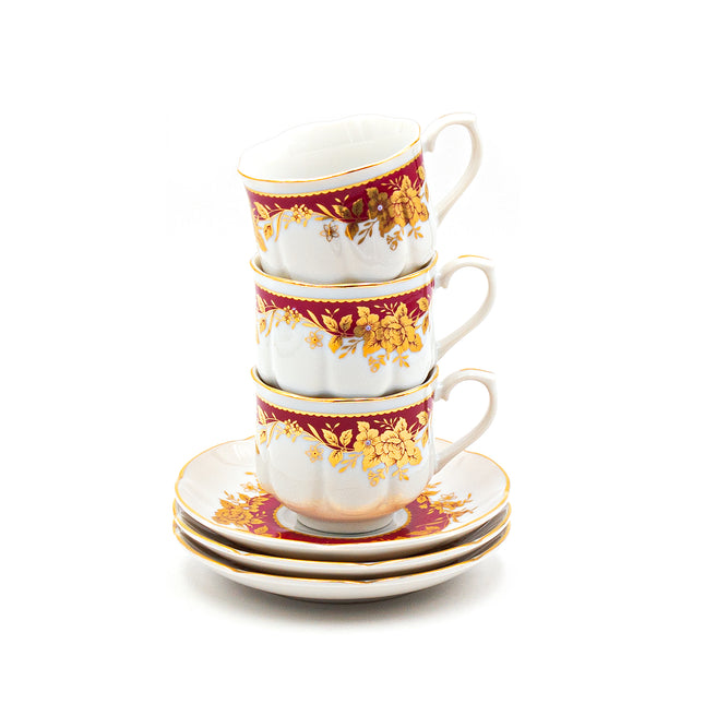 Japanese Royal Red & Gold Floral Tea Cup and Saucer 12PC Set