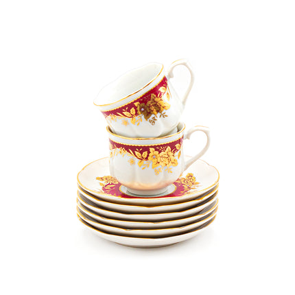 Japanese Royal Red & Gold Floral Tea Cup and Saucer 12PC Set