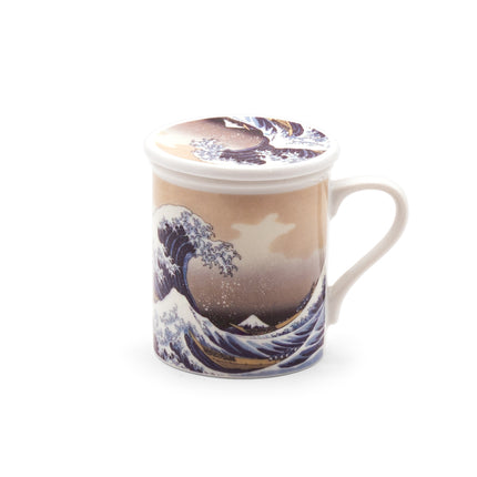 Japanese Porcelain Teacup with Lid: The Great Wave off Kanagawa Design