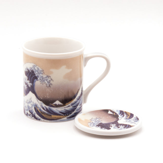 Japanese Porcelain Teacup with Lid: The Great Wave off Kanagawa Design