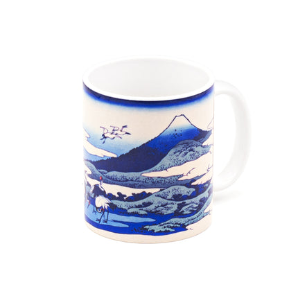 Japanese Blue Ceramic Cup with Mountain, Crane, and Cloud Designs