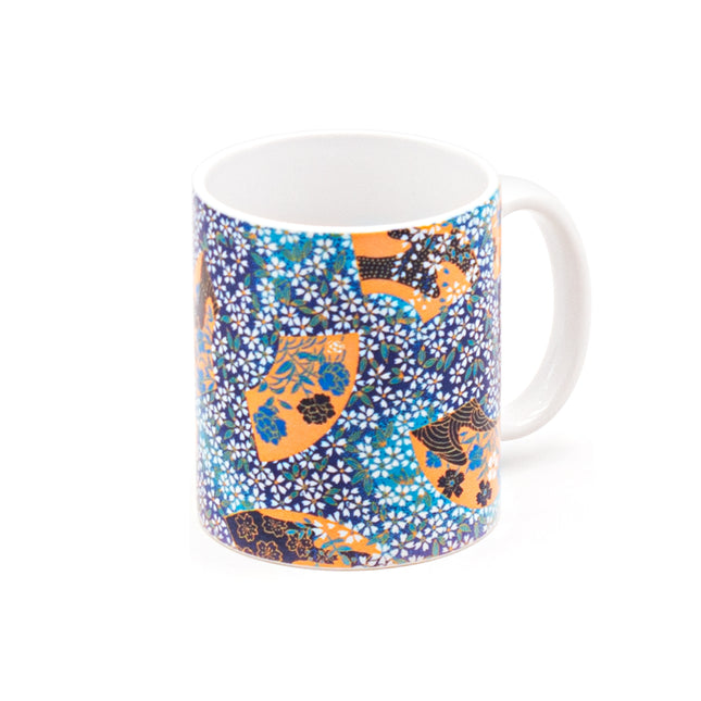 Blue Ceramic Mug with Floral Hand Fan Mozaic Patterns 11oz