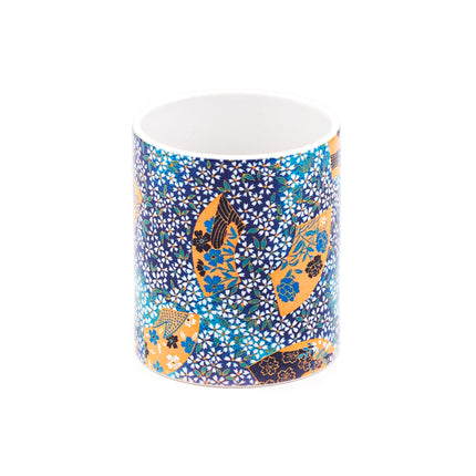 Blue Ceramic Mug with Floral Hand Fan Mozaic Patterns 11oz