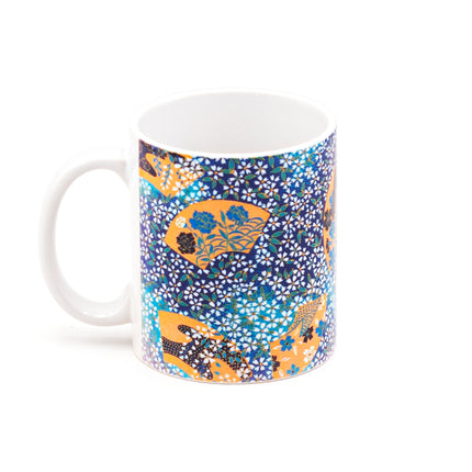 Blue Ceramic Mug with Floral Hand Fan Mozaic Patterns 11oz