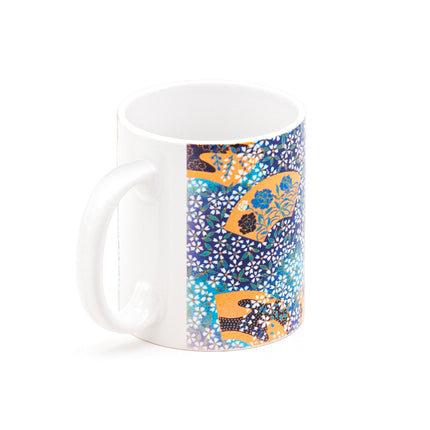 Blue Ceramic Mug with Floral Hand Fan Mozaic Patterns 11oz