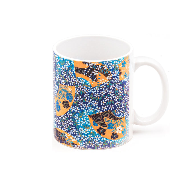 Blue Ceramic Mug with Floral Hand Fan Mozaic Patterns 11oz