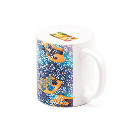 Blue Ceramic Mug with Floral Hand Fan Mozaic Patterns 11oz