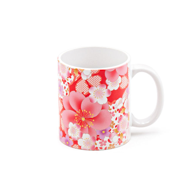 Red Ceramic Mug with Cherry Blossom Pattern