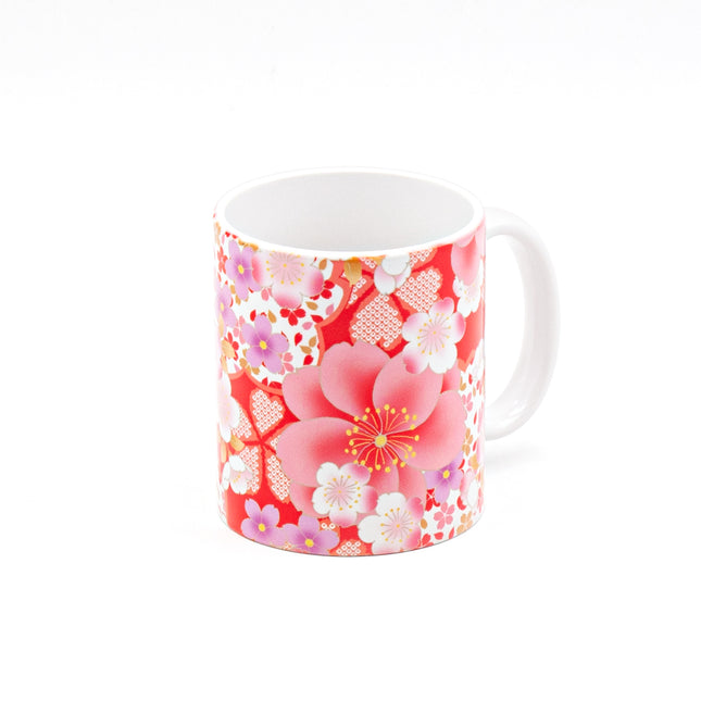 Red Ceramic Mug with Cherry Blossom Pattern