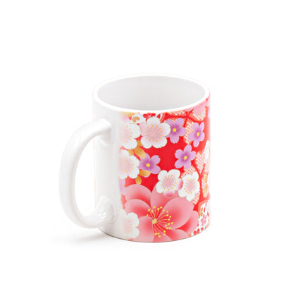 Red Ceramic Mug with Cherry Blossom Pattern