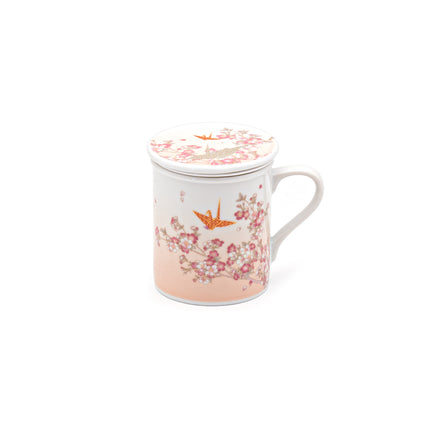 Japanese Tea Cup with Strainer Lid Cherry Blossom Origami Crane Pattern